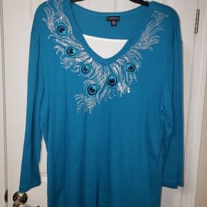 Brand New XL Turquoise Top with Peacock Print with some Bling!